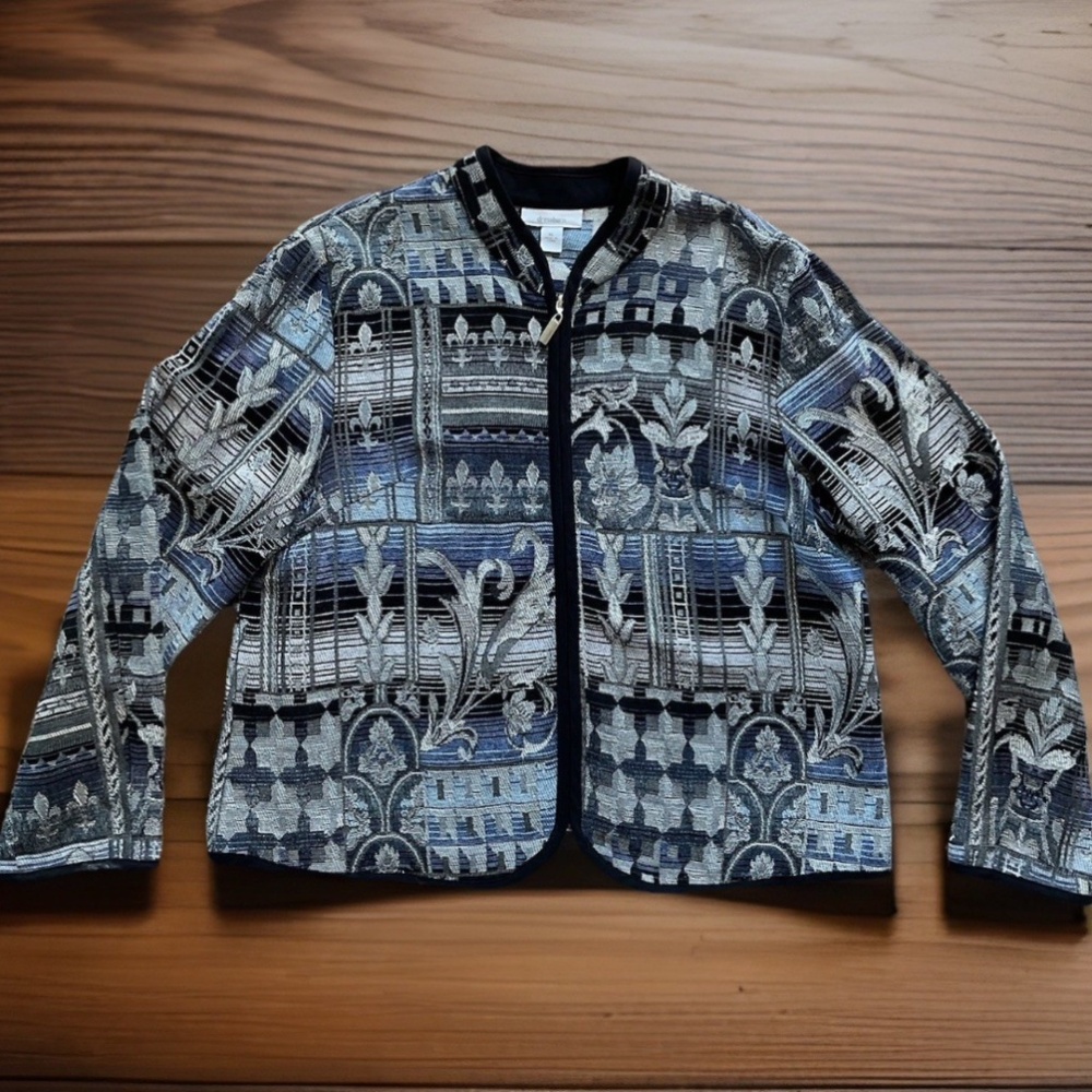 VTG DRESSBARN Women’s XL Black Gray Blue Jacquard Tapestry Jacket Fleur-de-lis